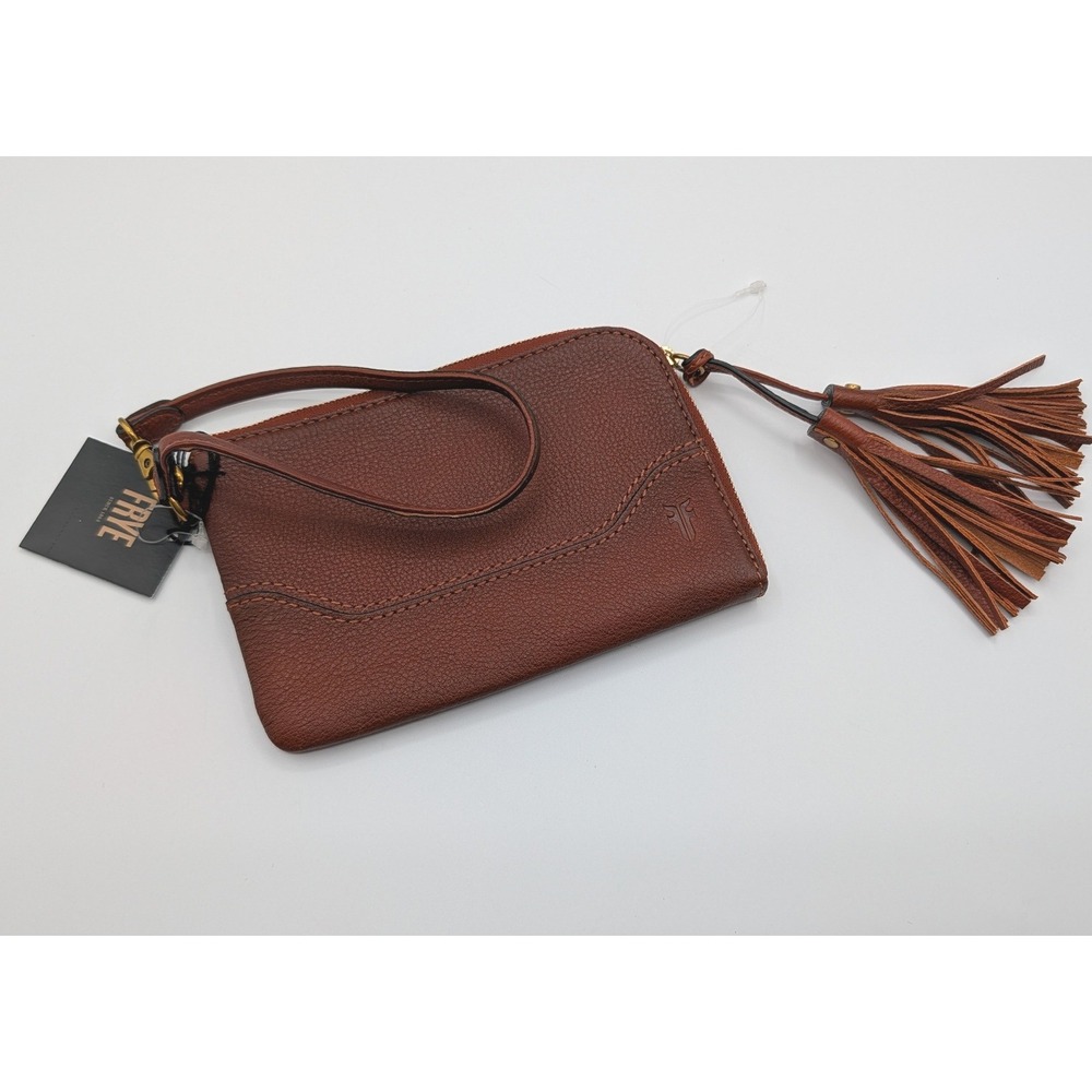Frye Fari Leather Wristlet Cognac Brown Tassel Zip Clutch Bag 34DB043-COG NEW